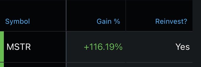 A stock portfolio screenshot showing MSTR (MicroStrategy) with a gain of +116.19% and the reinvestment option set to "Yes".