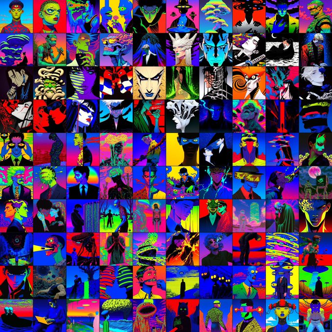 A colorful grid collage of numerous anime and video game character portraits rendered in vibrant neon colors with various digital, horror, and fantasy art styles.
