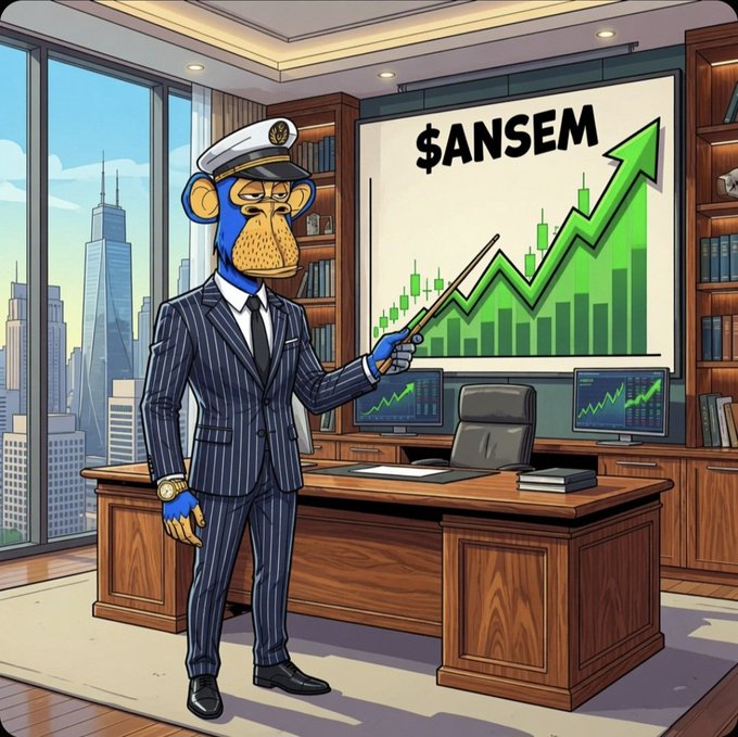 A cartoon illustration of a Bored Ape Yacht Club character dressed in a pinstripe suit and captain's hat, standing in a luxurious office with a city view, pointing a stick at a green stock chart labeled '$ANSEM'.
