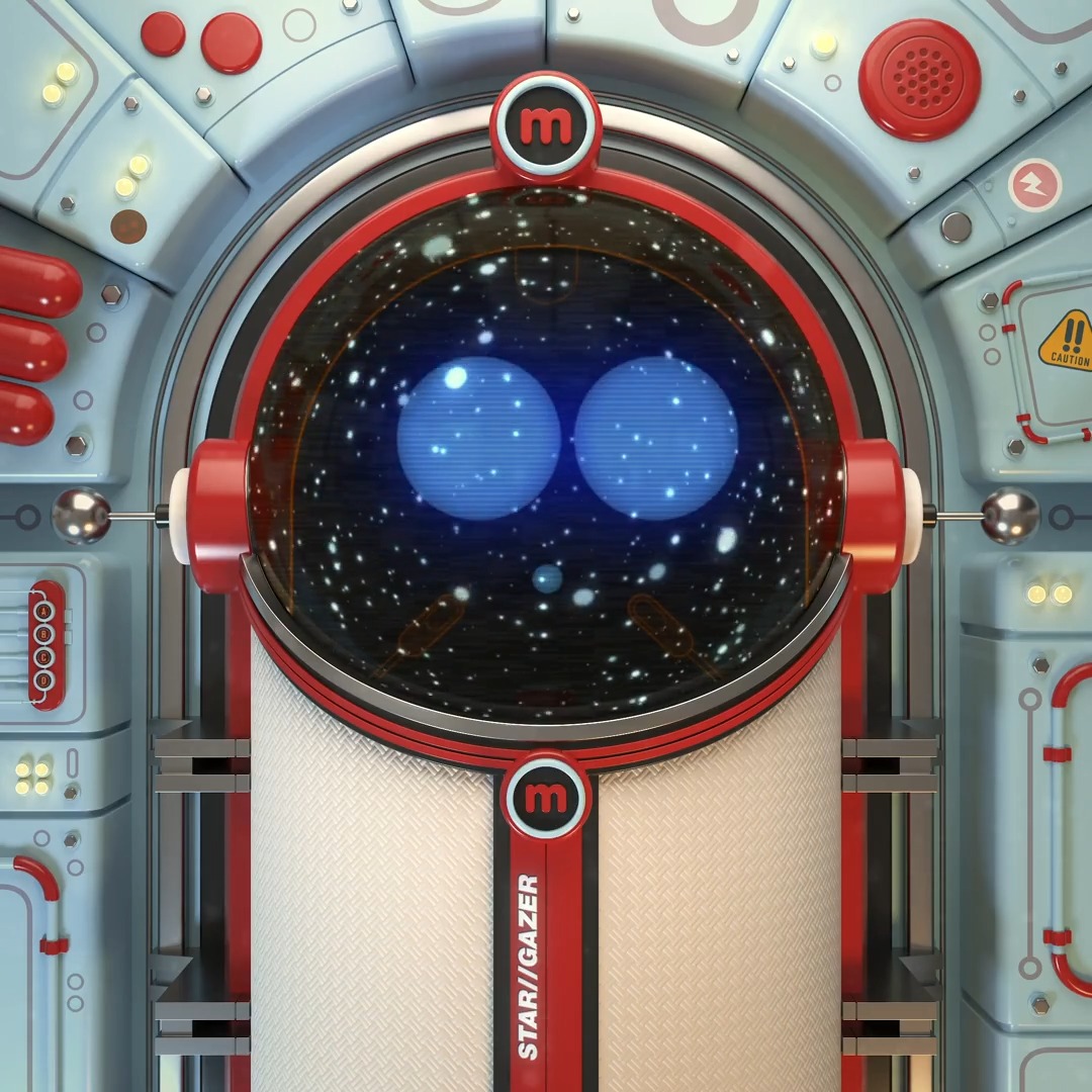 A 3D-rendered sci-fi character with a digital starry face wearing a red and blue helmet with 'm' logos, set against a metallic paneled background with 'STARIIGAZER' text below.