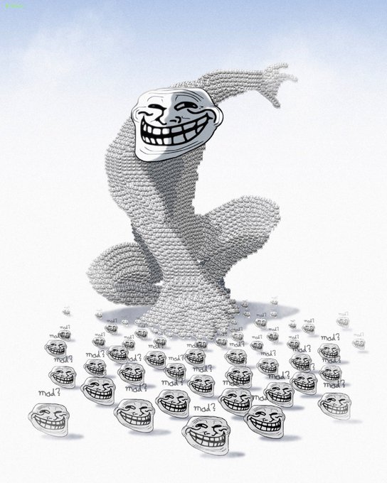 A 3D sculpture composed of many small troll faces, topped with a large grinning troll face, stands surrounded by scattered smaller troll faces and 'mol?' text.