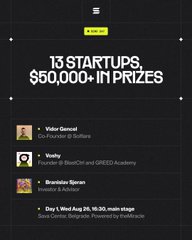 An event poster titled '13 STARTUPS, $50,000+ IN PRIZES' listing judges including Video Gemsai (Co-Founder of Sollate), Yoshi (Founder @ BeelGoBrr and GREEN Academy), and Brandon Spron, taking place Day 1 at Solana Gatedge.