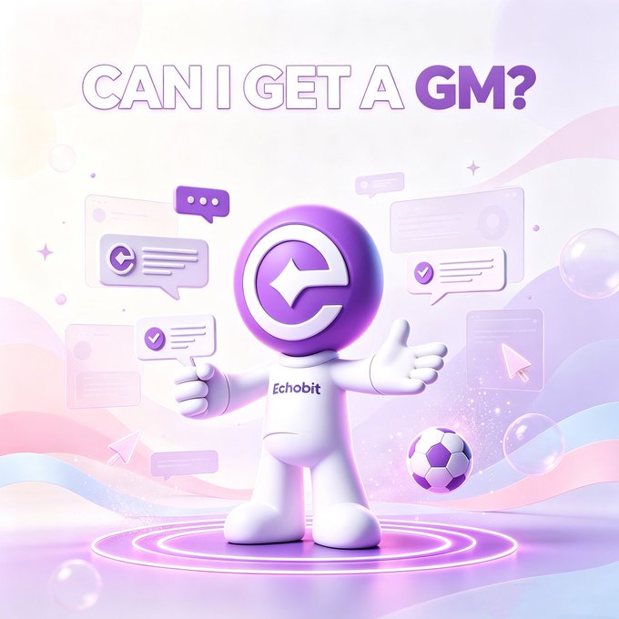 A purple character with the Echobit logo for a head, surrounded by chat bubbles and digital interfaces, asks "Can I get a GM?". This image directly relates to the post by prompting engagement with a "GM" greeting and the hashtag.