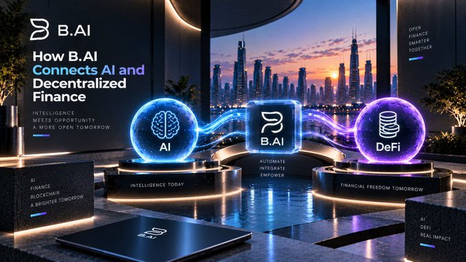 A futuristic promotional banner for 'B.AI' titled 'How B.AI Connects AI and Decentralized Finance', featuring glowing icons for AI, B.AI, and DeFi against a city skyline backdrop at sunset.