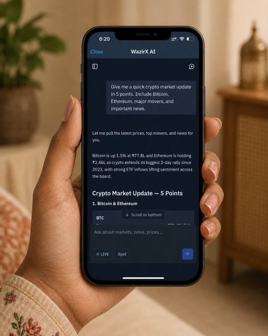 A hand holds a smartphone displaying the WazirX AI assistant providing a crypto market update, noting Bitcoin up 1.5% at $97.8L, Ethereum at $2.46L, and a 3-day crypto rally fueled by strong ETF inflows. The image visually demonstrates the post's message of using WazirX AI to quickly catch up on the day's market before logging off.