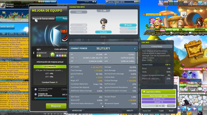 A screenshot from the MMORPG MapleStory showing a character info and equipment upgrade window ('Mejora de Equipo') in Spanish, displaying combat power stats of 50,273,971 for a Paladin character at level 246.