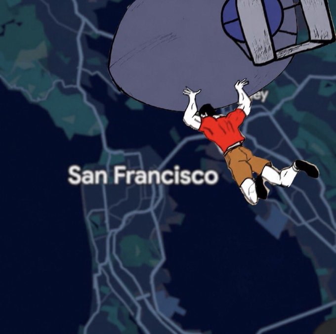 A cartoon showing a boy in a red shirt hanging onto a large gray object over a map with the text 'San Francisco'.