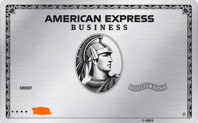 An American Express Business Platinum credit card (silver/platinum edition) with 'MEMBER SINCE' visible and an orange scribble obscuring part of the card number.
