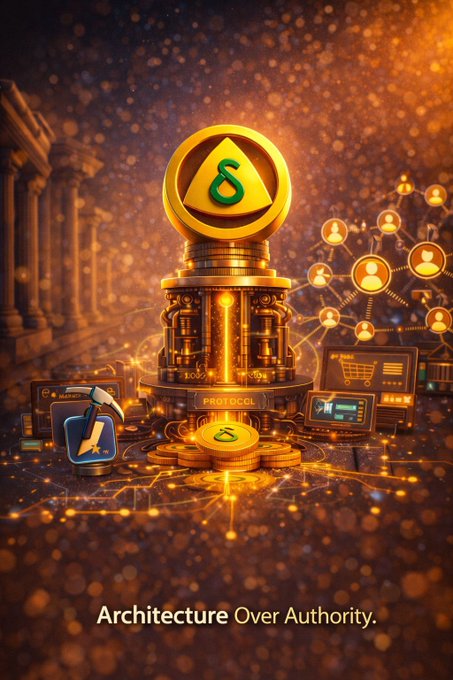 A stylized digital graphic featuring a golden token or coin with a green logo at its center, set against a classical background with the text "Architecture Over Authority" at the bottom.