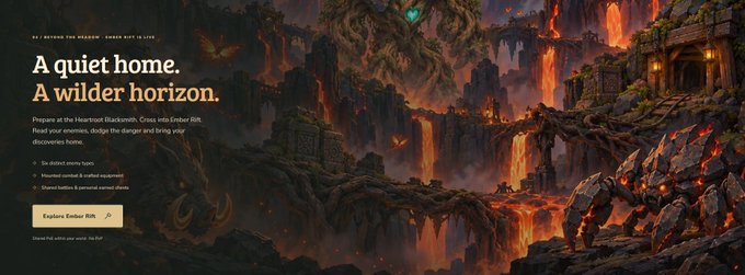 A promotional webpage for the game Ember Rift titled 'A quiet home. A wilder horizon.' showing a fiery blackrock landscape with gothic architecture and lava flows.