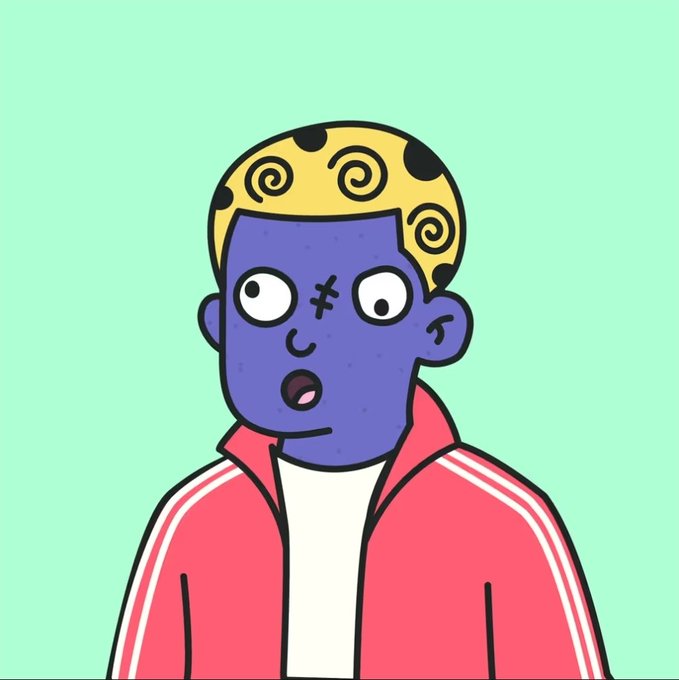 A cartoon illustration depicts a stunned-looking character with purple skin, a stitched nose, and a swirly-patterned bald head, wearing a red track jacket over a white shirt. The character's dazed, wide-eyed expression visually reinforces the "WAGMI" (We're All Gonna Make It) post's optimistic, celebratory vibe, suggesting a surreal or humorous start to the day on X.