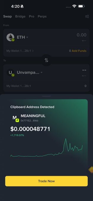 A Binance Wallet swap screen showing "0.00 ETH" being converted to "Unvampa..." with a clipboard detection alert for the token "MEANINGFUL" (CA: 0x77152...8feb) trading at $0.000048871 (+1,719.97%), featuring a "Trade Now" button—this illustrates the post's claim that pasting a contract address directly into Binance Wallet enables quick access to new tokens like the Robinhood (RH) ecosystem plays.