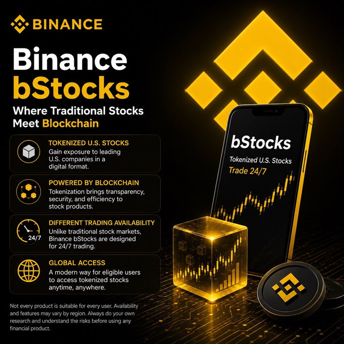 An advertisement for 'Binance bStocks - Where Traditional Stocks Meet Blockchain,' highlighting Tokenized U.S. Stocks, blockchain power, 24/7 trading availability, and global access, with a phone showing 'bStocks - Tokenized U.S. Stocks - Trade 24/7' and Binance branding.