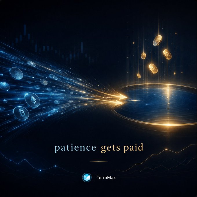 The image visually represents the concept of patience being rewarded in the cryptocurrency market through a dynamic display of digital coins accumulating. This correlates with the accompanying post, which discusses the contrasting reward dynamics of the AERO market on @TermMaxFi compared to traditional crypto practices, where patience rather than speed is beneficial. This content highlights the financial strategy and innovation offered by the TermMaxFi platform, as mentioned in conjunction with the @TermMaxFi Twitter handle.