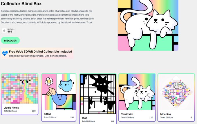 The image shows a collection of five different Doodles artworks displayed on a website, with one of them being a cat illustration. The post mentions that there's an amazing drop coming for these artworks, but who can mint it? From the Doodles Discord, and specifically from the Doodles Discord: "OG holders, you're not waiting in line with everyone else. There's a dedicated early access window just for you on launch day. Full timing and pricing drop Wednesday. The holder snapshot was". This means that the artworks are available for purchase directly through the website, and there is an exclusive early access window for Doodles collectors to enjoy these artworks before they become widely available to everyone else.