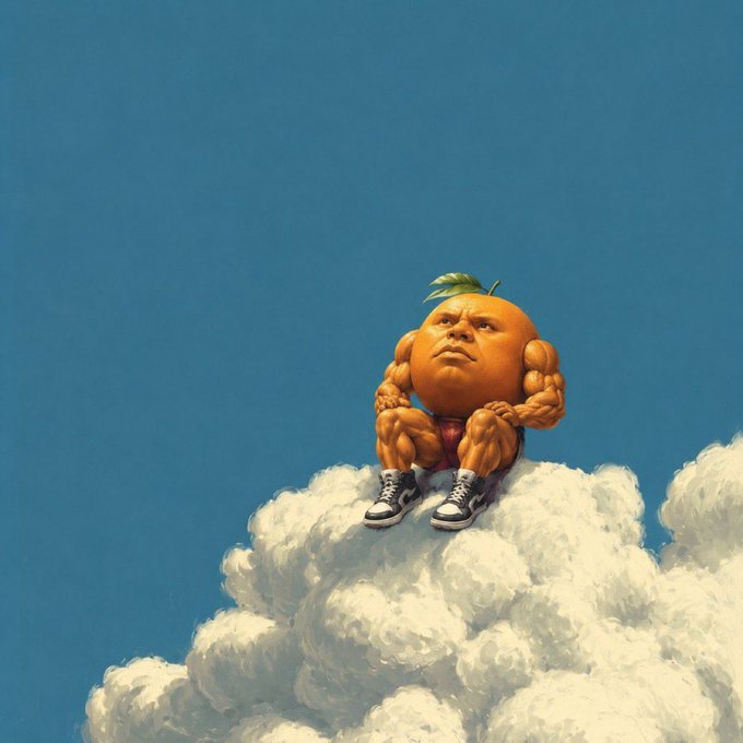 This image depicts a muscular orange sitting on a cloud, reflecting the post's sentiment about $Udin and $TripleT appearing underpriced and dependent on BTC's performance.