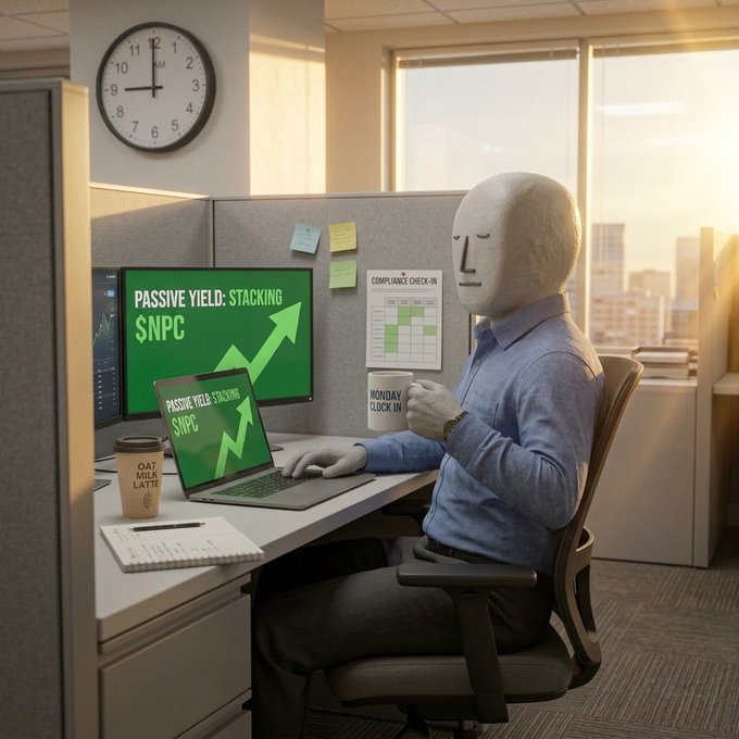 A surreal AI-generated image of a faceless man working at a desk with dual monitors displaying 'PASSIVE YIELD: STACKING $NPC' and rising green charts, holding an 'OAT MILK LATTE' mug.