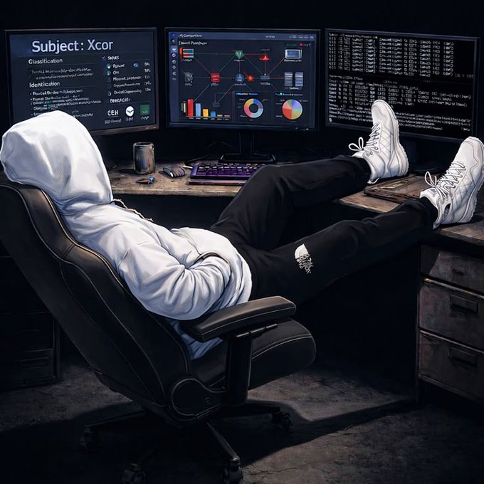 An AI-generated image depicts a hooded figure in a white hoodie and white sneakers lounging with feet up at a multi-monitor computer desk.