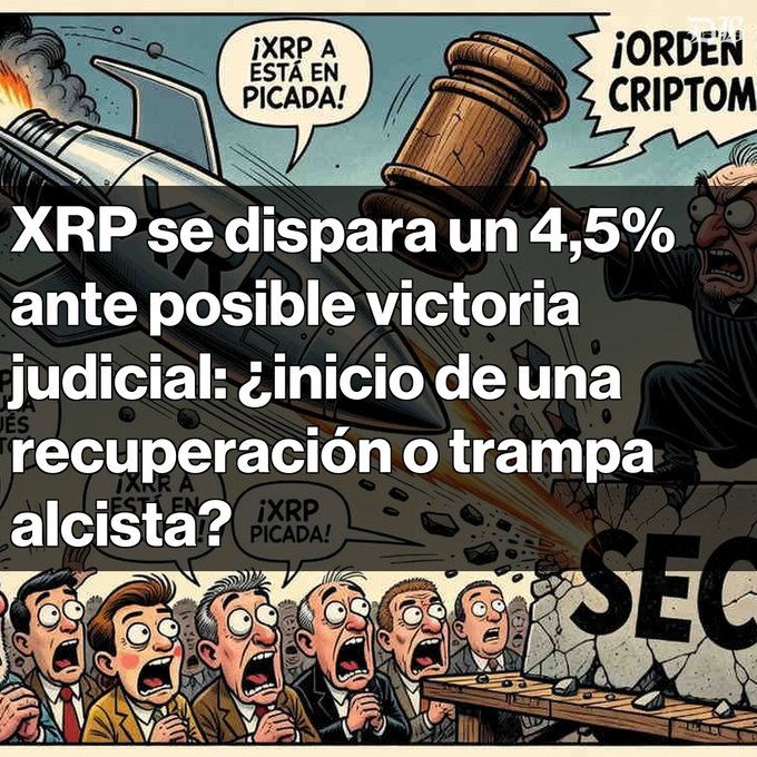 Comic-style graphic about cryptocurrency with Spanish text reading 'XRP se dispara un 4,5% ante posible victoria judicial: ¿inicio de una recuperación o trampa alcista?' featuring speech bubbles saying '¡XRP A ESTÁ EN PICADA!' and '¡ORDEN CRIPTOM'.