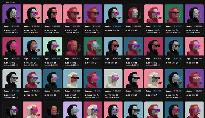 A grid of pixel art NFT profile pictures with varying prices in ETH, showing 'Last sale' amounts and Ardor (Argo) collection listings.