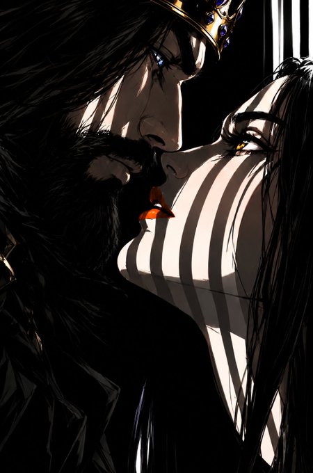 A dark, dramatic illustration shows a bearded king kissing a woman through prison bars.
