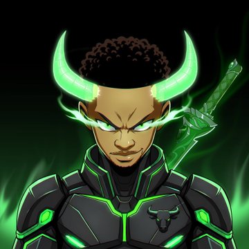 A stylized anime/manga character illustration of a warrior with glowing green horns, glowing eyes, and green-accented dark armor, set against a dark background.