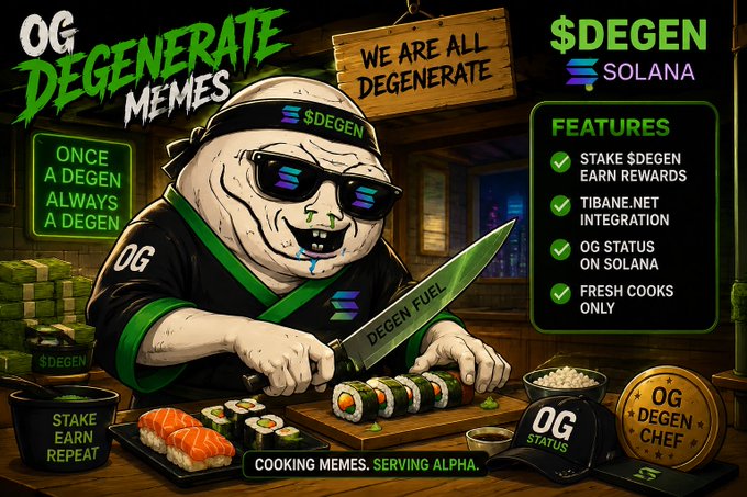 A meme coin promotional graphic titled 'OG DEGENERATE MEMES' featuring a cartoon chef with $DEGEN Solana branding, listing features like staking rewards, Tibane.net integration, and fresh cooks.