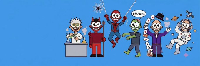 A blue banner featuring cartoon illustrations of various characters including a scientist, devil, Spider-Man, zombie, magician, and astronaut in a playful lineup.