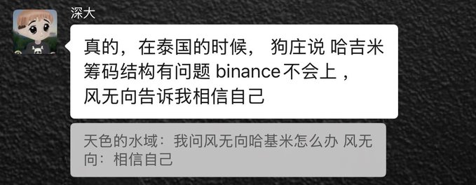 A Chinese chat conversation where "深大" (Shen Da) shares a story about being in Thailand with "狗庄" (Gouzhuang), who claimed that "哈吉米" (Hakimi) was having issues getting listed on Binance due to problems with their chip structure, to which Shen Da responded to believe in themselves, with a follow-up message from "天色的水域" (Tianse's Water) recounting similar dialogue.