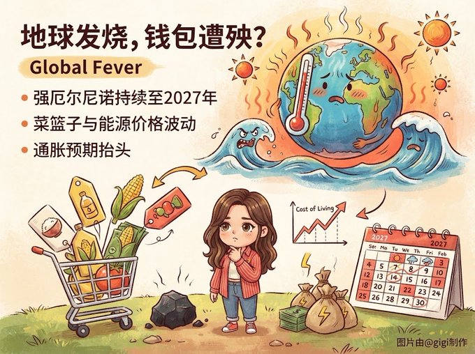 A Chinese-language infographic titled 'Global Fever' depicting climate change impacts, rising cost of living, inflation through 2027, featuring a worried Earth, a woman, shopping items, and a calendar.