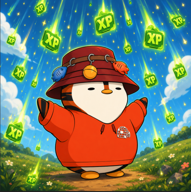 The image features a cartoon penguin wearing an orange shirt, standing on a grassy field with its arms outstretched as if embracing the viewer. The background of the image is filled with green stars, creating a sense of wonder and excitement. In the bottom right corner of the image, there are several green squares scattered around, possibly representing XP points or achievements in the game "Gm @AbstractChain Happy XP Day Today is the day I find out whether spewing money into Rugpull Bakery was actually worth it... or just peak degen behavior..."