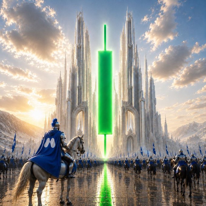 A fantasy digital artwork depicting a knight on a white horse wearing a blue cape with an 'M' logo, gazing toward a glowing green candlestick chart emerging from a majestic white cathedral, surrounded by an army of similarly-clad knights.