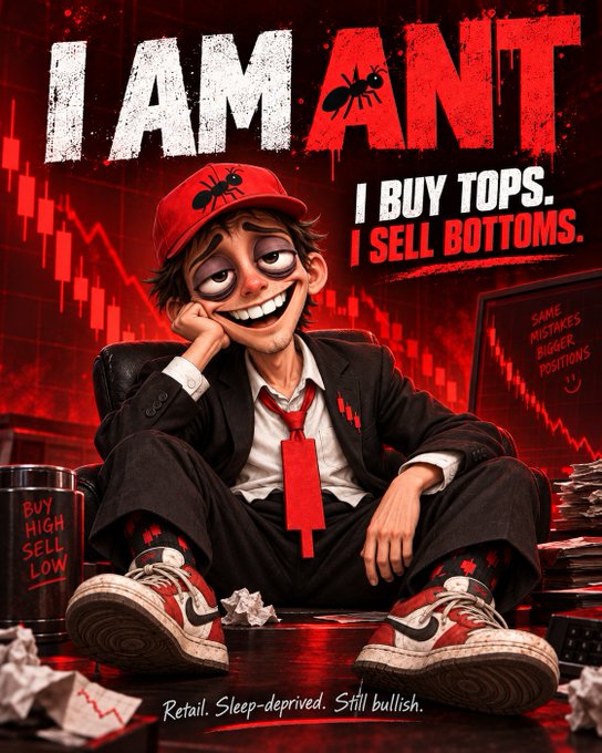 Stylized red-toned digital artwork depicting a cartoonish man in a red ant cap and suit with the text 'I AM ANT: I BUY TOPS. I SELL BOTTOMS.' and 'Retail. Sleep-deprived. Still bullish.'