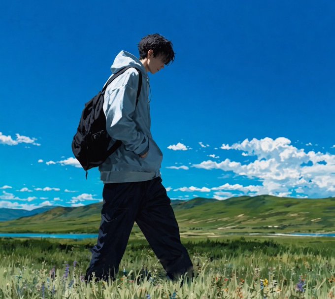 The image features a man walking through a field with mountains in the background. He has his hands in his pockets and appears to be wearing a backpack, suggesting he might be hiking or exploring the area. The scene conveys a sense of adventure and exploration as the man takes in the beautiful surroundings.