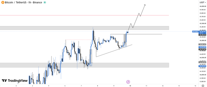 A TradingView Bitcoin/TetherUS chart on Binance showing a 1-hour candlestick pattern with price levels around $46,000, featuring a black arrow indicating an upward price projection.