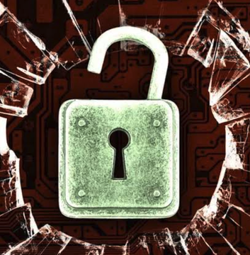 A glowing green padlock is broken through a screen resembling shattered glass, set against a dark circuit board background. The imagery visually symbolizes the security breach described in the post about North Korean hackers exploiting digital vulnerabilities to steal cryptocurrency remnants.