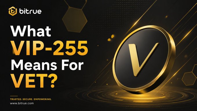 A Bitrue promotional graphic featuring a golden "V" coin with the text "What VIP-255 Means For VET?" highlighting VeChain's upcoming EVM upgrade that enhances Ethereum compatibility for smart contracts and developer tooling.