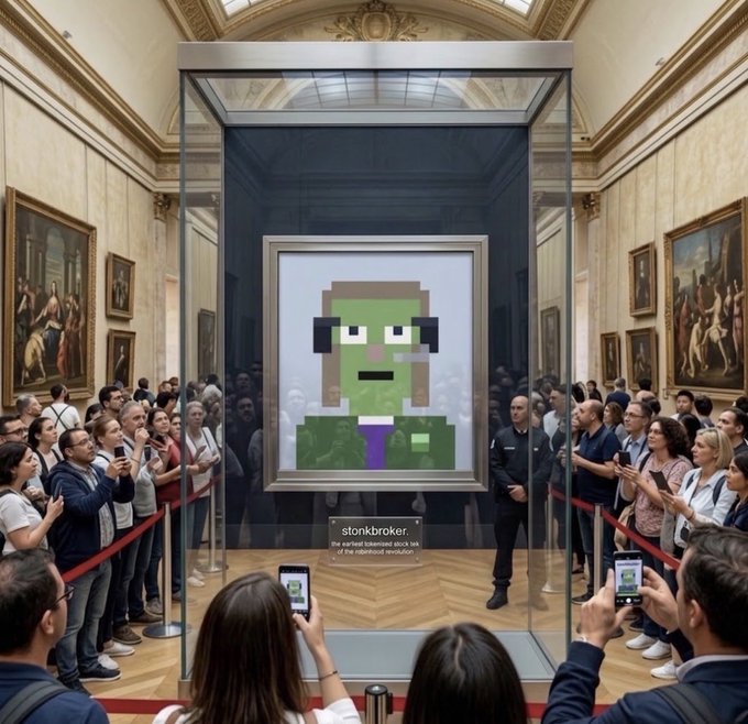 An AI-generated scene of a museum gallery where a pixel art portrait labeled "stonkbroker" is displayed in a glass case while visitors take photos.