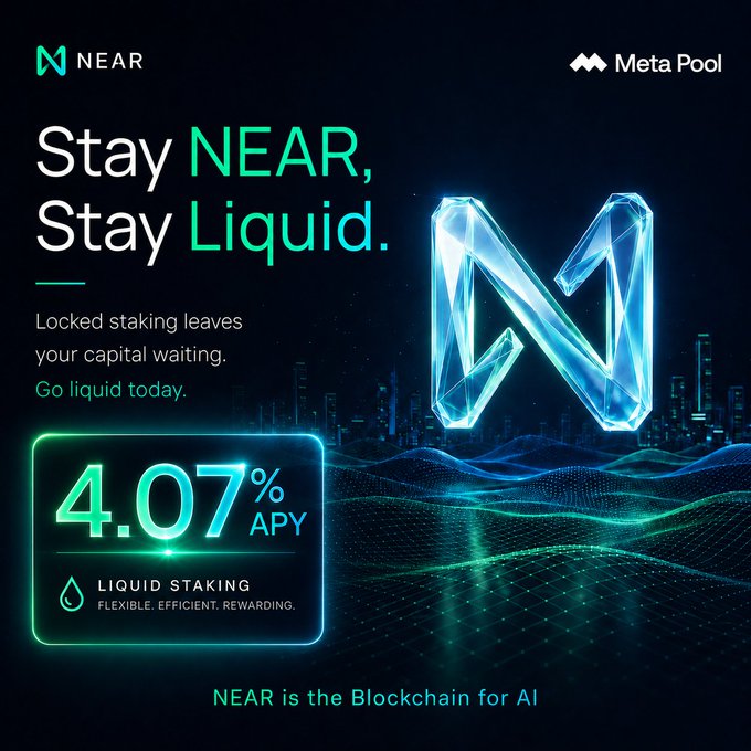 The image features a poster for NEAR, which is a cryptocurrency wallet service that allows users to stake their digital assets. The poster includes a blue letter "N" with a green background, symbolizing the name of the wallet service. Below the logo, there's text explaining how to use the service and what it offers in terms of rewards.

The main content of the image is an advertisement for NEAR that highlights its unique selling point: liquid staking. The poster includes a graphic representation of a city skyline with buildings, emphasizing the idea of keeping assets "liquid" by staking them on NEAR. The text at the bottom of the poster states that users can stake their digital assets and earn 4% APY (Annual Percentage Yield), which is the reward they receive for holding onto their funds in the wallet.