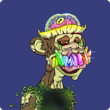 A digital illustration of a cartoonish Bored Ape-style monkey wearing a colorful brain cap, featuring rainbow-colored text reading 'NAVI' across its mouth, with green slime dripping from its body against a dark blue background.