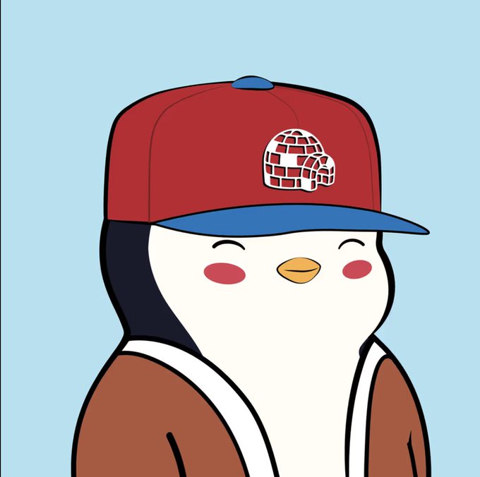 A cartoon illustration of a smug-looking penguin wearing a red and blue baseball cap featuring a white domed building logo.