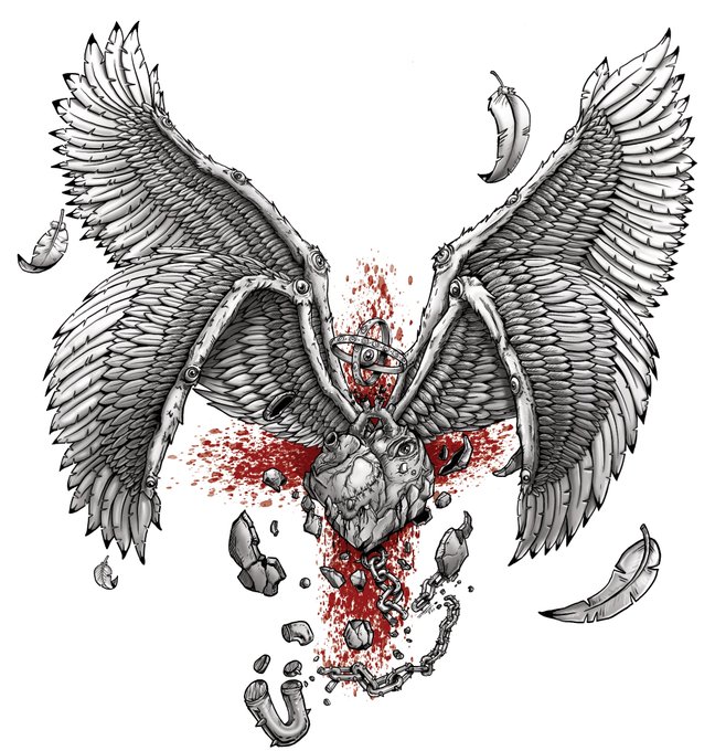 The image features an illustration of a winged creature with wings spread wide, possibly a bird or a dragon-like being. The creature has a heart-shaped object attached to its back, which appears to be made of metal. The wings are in sharp focus while the background is blurred out, drawing attention to the central figure and its unique features.

The image also includes some text that reads "A happy and blessed Sunday to all my $ALGO fam! Just wanted to share my latest piece, inspired by song and real life testimony Really hope yall enjoy something a bit different than what you might be used to seeing from me lol #algofam #ARTonALGO #Blessed". This text adds context to the image and provides an explanation for its creation.
