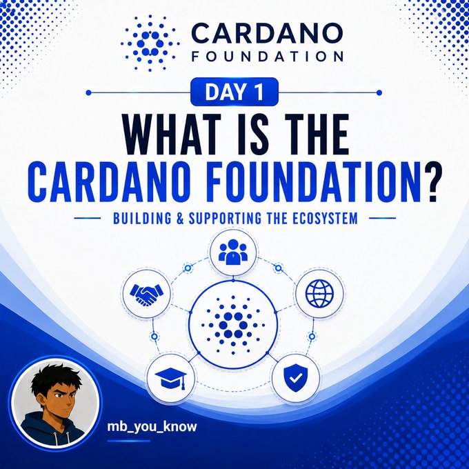 A promotional graphic for "Day 1: What is the Cardano Foundation?" featuring the Cardano Foundation logo and tagline "Building & Supporting the Ecosystem," with interconnected icons representing people, global reach, partnerships, education, and security. The image is posted by "mb_you_know" and introduces the Cardano Foundation's role in growing and protecting the Cardano ecosystem.