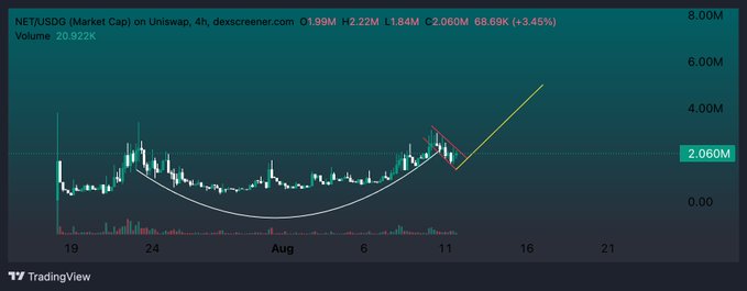 A TradingView candlestick chart showing NET/USDSD market cap on Uniswap with a 4-hour timeframe, displaying a cup-and-handle pattern, a yellow upward trend projection, and current price of 2.060M (+3.45%).