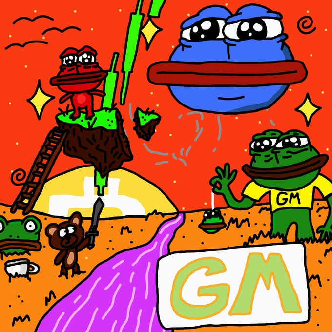A colorful cartoon illustration featuring Pepe the Frog characters in various scenes, including one on a floating island, a large sad Pepe face, and another wearing a 'GM' shirt, with a prominent 'GM' sign in the foreground.
