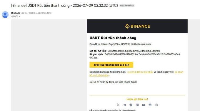 A Binance email notification confirming a successful USDT withdrawal of 9250.4 USDT on 2026-07-09 at 02:32:32 UTC.