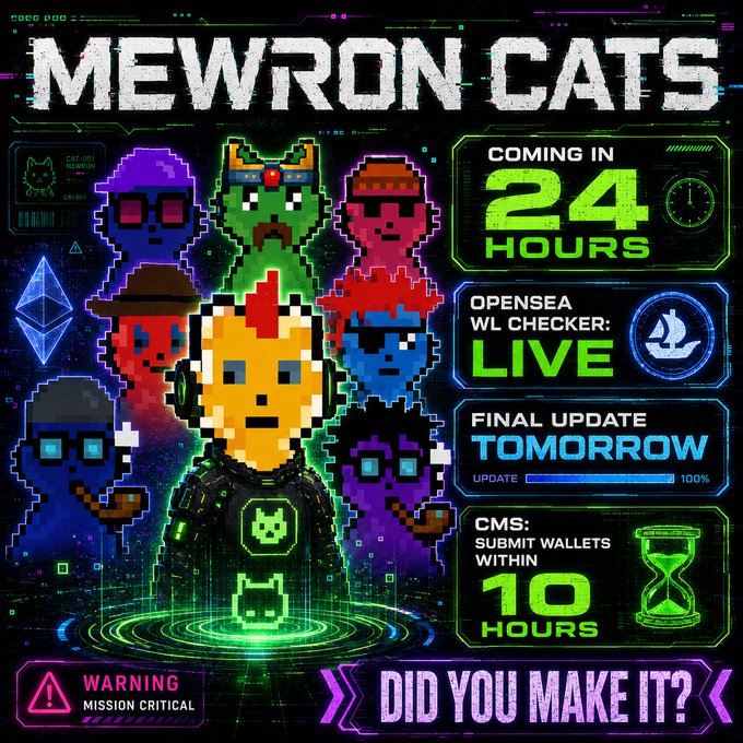A vibrant neon-style promotional graphic for 'MEWRON CATS' announces the mint is 'COMING IN 24 HOURS', featuring pixelated cyberpunk cat characters, an 'OPENSEA WL CHECKER: LIVE' status, a countdown timer, and the text 'DID YOU MAKE IT?' at the bottom.