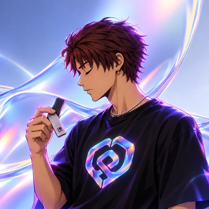 An anime-style young man with messy red hair holds up a phone in a "GM" salute, wearing a black shirt featuring a glowing iridescent logo against a swirling, prismatic backdrop. The image serves as a stylish visual reply to the "Can I get a GM" post, depicting the crypto/web3 gesture of saying good morning to the community.