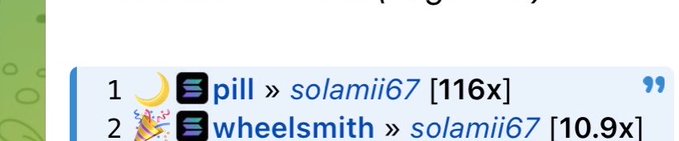 Screenshot showing a list of users, with the top entry reading '1. pill » solamii67 [116x]' and second entry '2. wheelsmith » solamii67 [10.9x]', accompanied by decorative icons.