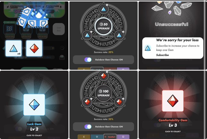 Six-panel collage of STEP'N gem upgrade screens showing success rates of 35% and 55%, including a 'Unsuccessful' outcome message, Luck Gem Lv 2, and Comfortability Gem Lv 3.